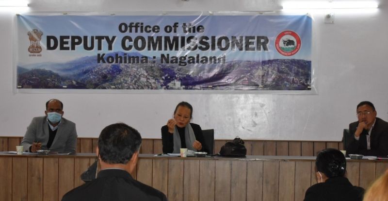 Convener of Communitisation of Public Institutions and Services Act 2002, Banuo Z Jamir interacting with the members at DC Conference Hall in Kohima on November 27. (DIPR Photo)